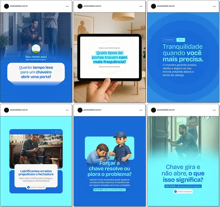Posts para chaveiro com ideias de conteúdo para Instagram sobre chaves, fechaduras e segurança residencial