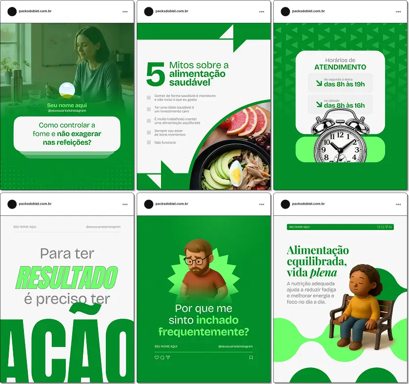 Pack de templates editáveis no Canva para profissionais de nutrição focados em emagrecimento, com conteúdos sobre déficit calórico, alimentação equilibrada, mudança de hábitos, planejamento alimentar e acompanhamento nutricional.