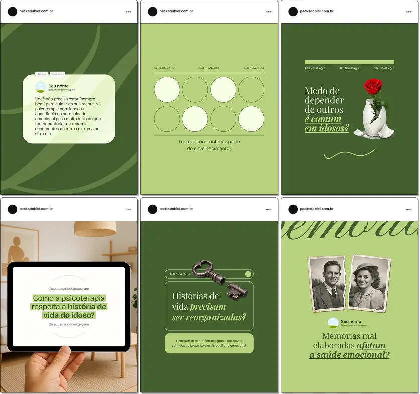 Pack de posts editáveis no Canva para psicoterapeutas que atendem idosos, com conteúdos sobre saúde mental na terceira idade, envelhecimento emocional, escuta terapêutica, bem-estar psicológico e qualidade de vida.