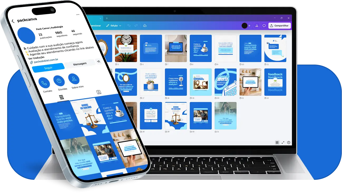 Pack de posts editáveis no Canva para fonoaudiólogos que atuam com reabilitação auditiva, adaptação de prótese auditiva e acompanhamento terapêutico, com comunicação clara e confiável para pacientes.