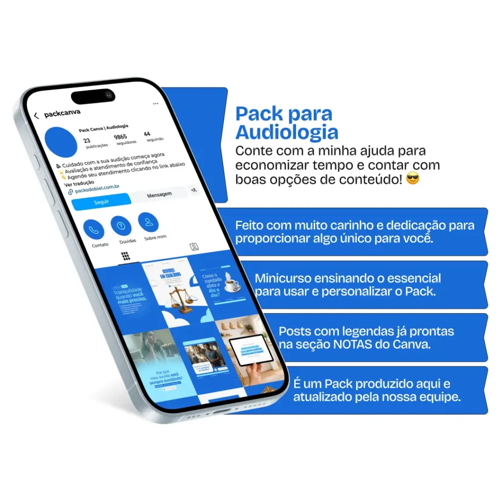 Pack de posts editáveis no Canva para especialistas em aparelho auditivo e prótese auditiva, focado em adaptação, manutenção, tecnologia auditiva e qualidade de vida.