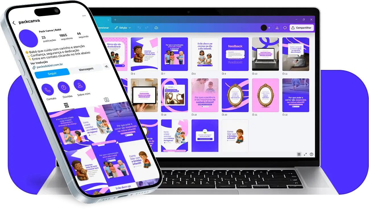 Pack de templates editáveis no Canva para babás que desejam divulgar seus serviços e criar conteúdos sobre cuidados humanizados, atenção às necessidades da criança e apoio aos pais.