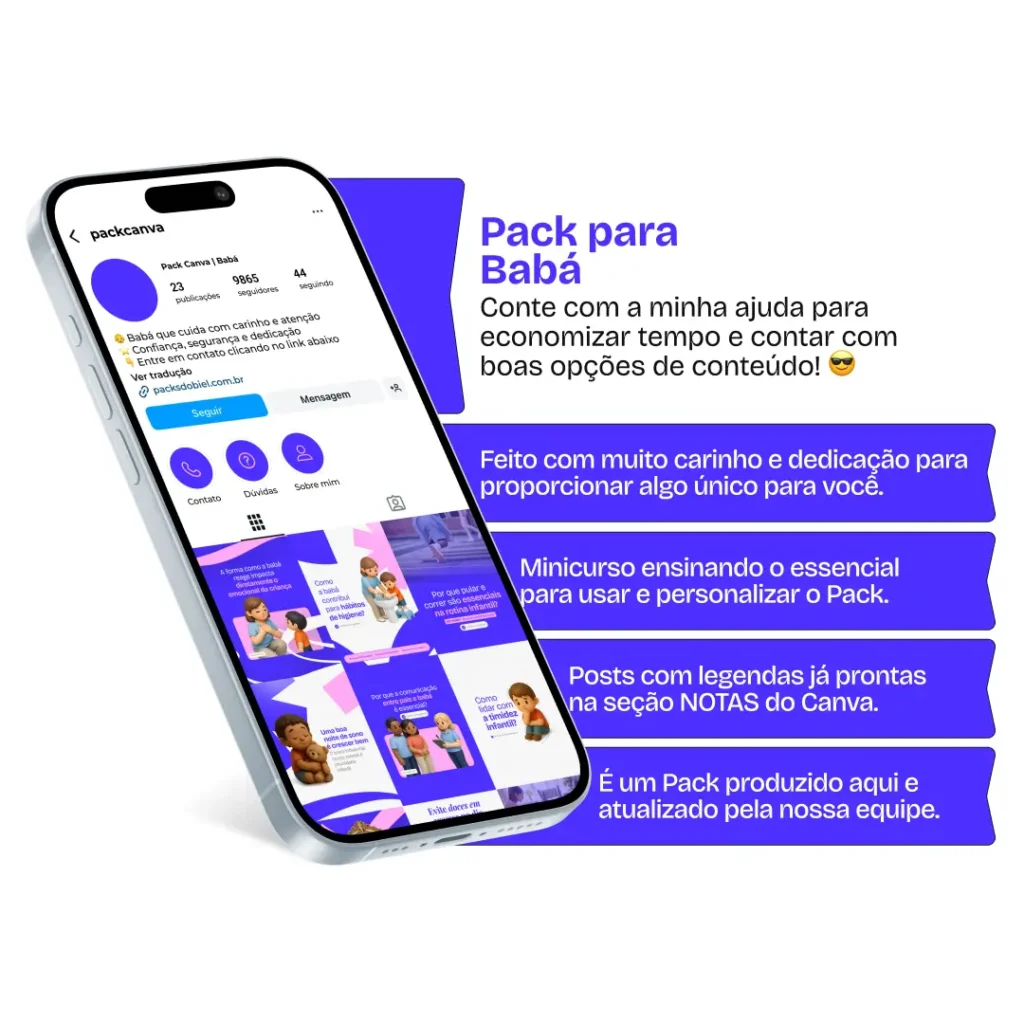 Pack de posts editáveis no Canva para cuidadoras de crianças que oferecem serviços de babá, com conteúdos sobre responsabilidade, segurança infantil, rotina saudável e confiança no cuidado.