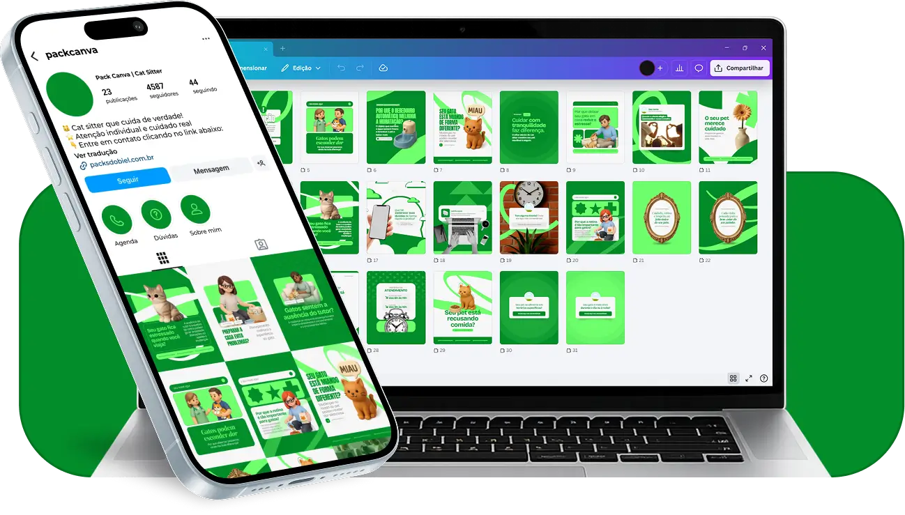 Pack de templates editáveis no Canva para cuidadores de gatos que oferecem serviços de hospedagem domiciliar, visitas programadas e acompanhamento personalizado, transmitindo profissionalismo e confiança.
