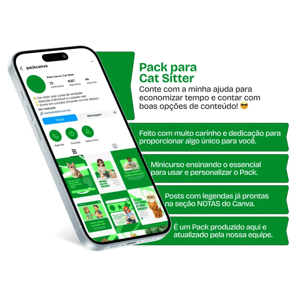 Pack de posts editáveis no Canva para profissionais de cat sitter que atendem gatos em casa, com conteúdos sobre alimentação correta, limpeza da caixa de areia, enriquecimento ambiental e rotina felina.