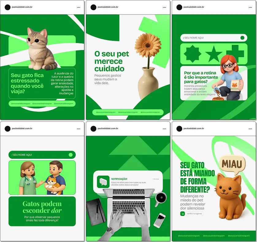 Pack de artes editáveis no Canva para cat sitter que compartilha orientações sobre saúde do gato, comportamento, bem-estar, cuidados diários e prevenção de problemas durante a ausência do tutor.