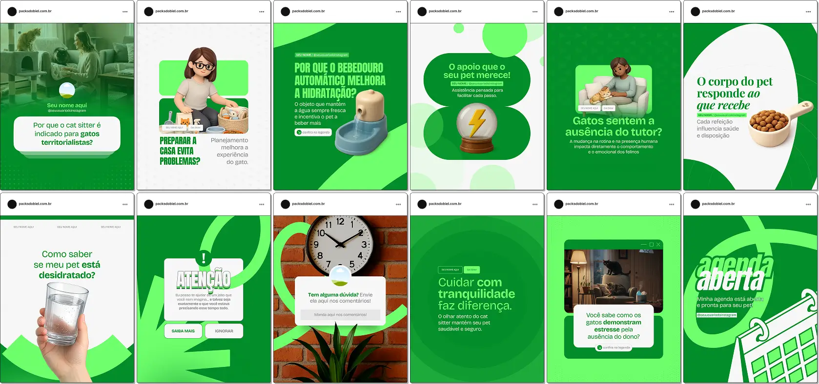 Pack de posts editáveis no Canva para profissionais de cat sitting focados em cuidados humanizados, atenção individual, segurança, rotina do pet e tranquilidade para o tutor.