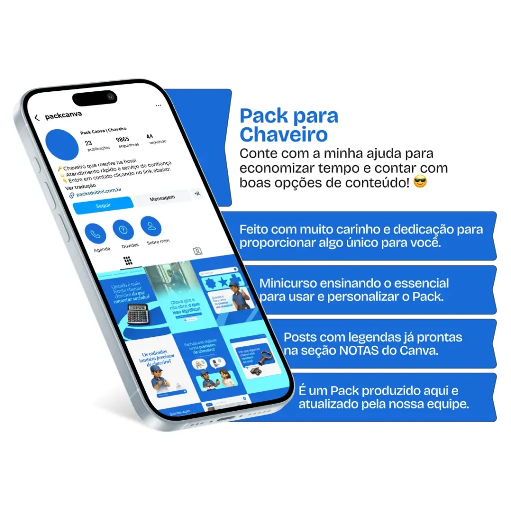 Pack Canva chaveiro com ideias de posts para perfil de Instagram sobre fechaduras e cópias de chaves