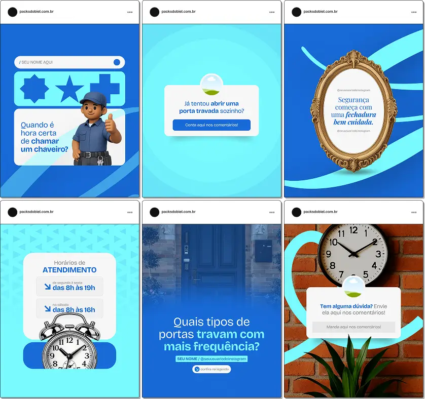 Pack de posts para Instagram chaveiro com artes editáveis sobre abertura de portas e fechaduras