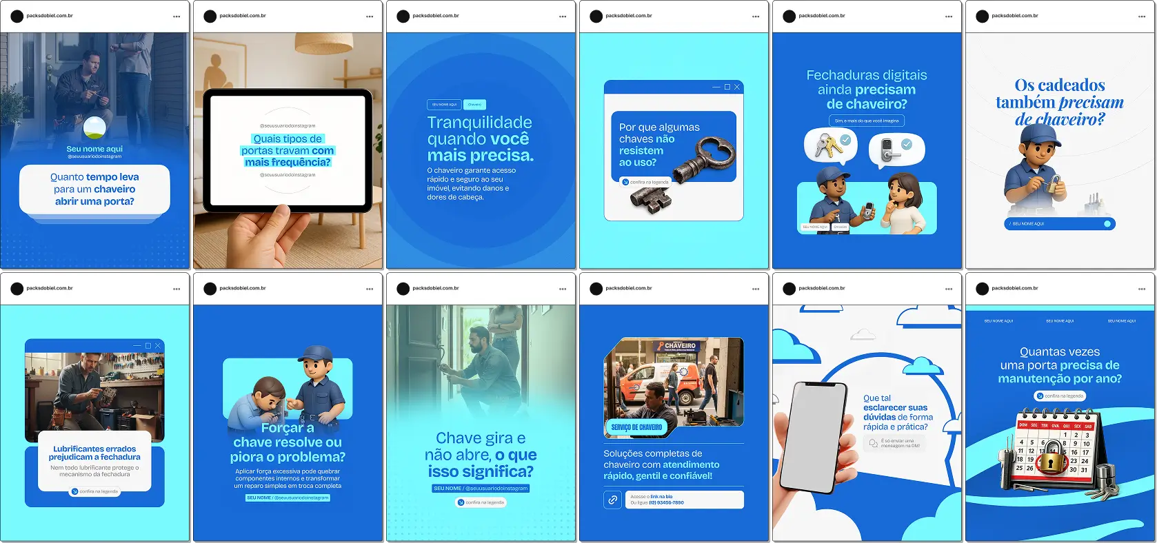 Ideias de post para chaveiro com pack de conteúdo para Instagram sobre fechaduras e segurança