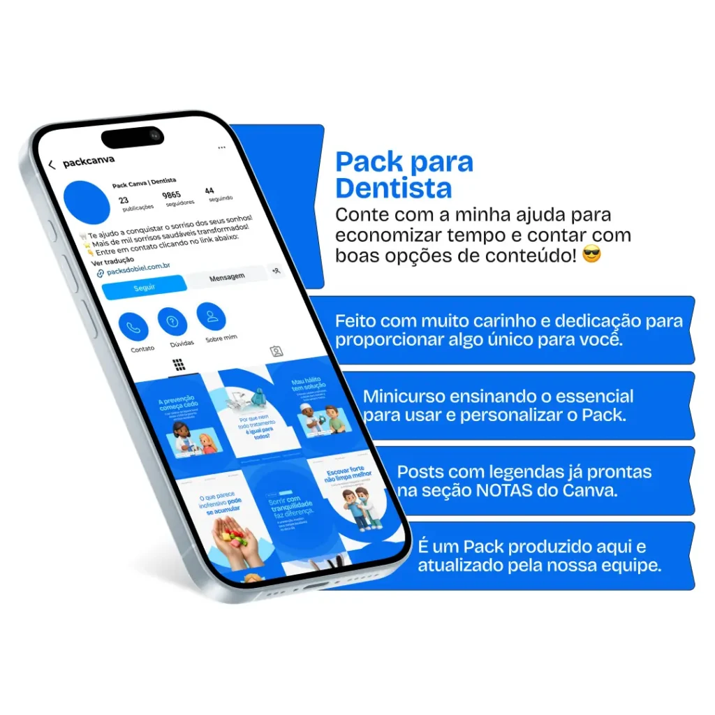 Pack de posts editáveis no Canva para dentistas e profissionais de odontologia que produzem conteúdo sobre saúde bucal, prevenção, limpeza, tratamentos odontológicos, estética do sorriso e orientação ao paciente, ideal para um feed profissional e confiável no Instagram.
