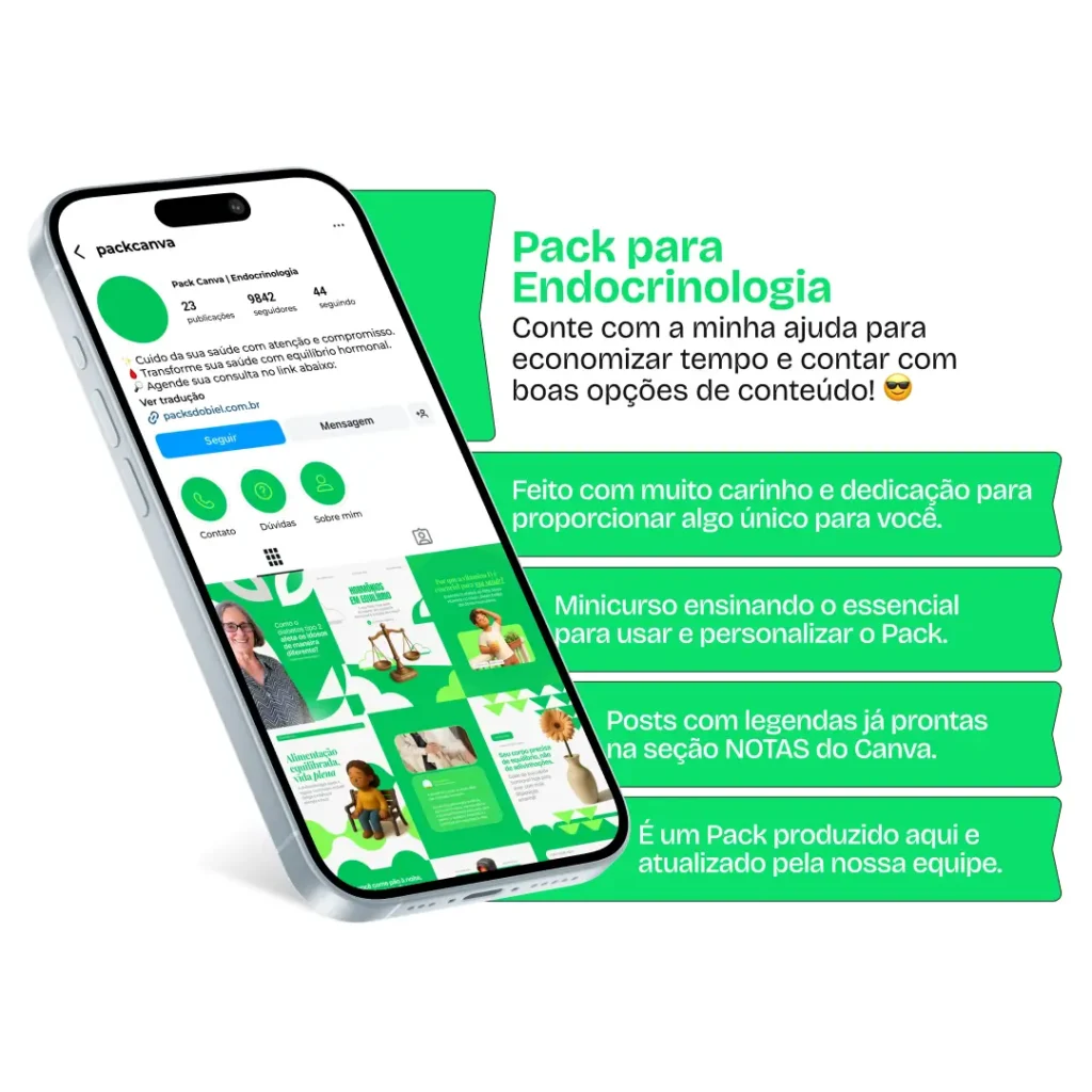 Pack de posts editáveis no Canva para endocrinologistas que desejam criar conteúdo sobre diabetes, resistência à insulina, obesidade, metabolismo, hormônios e saúde metabólica, mantendo um feed organizado e profissional no Instagram.