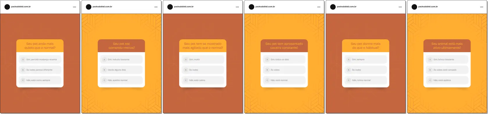 Pack de posts editáveis no Canva no formato enquete para veterinários, ideal para engajar tutores com perguntas sobre saúde animal, vacinação, comportamento, alimentação e bem-estar de cães e gatos.