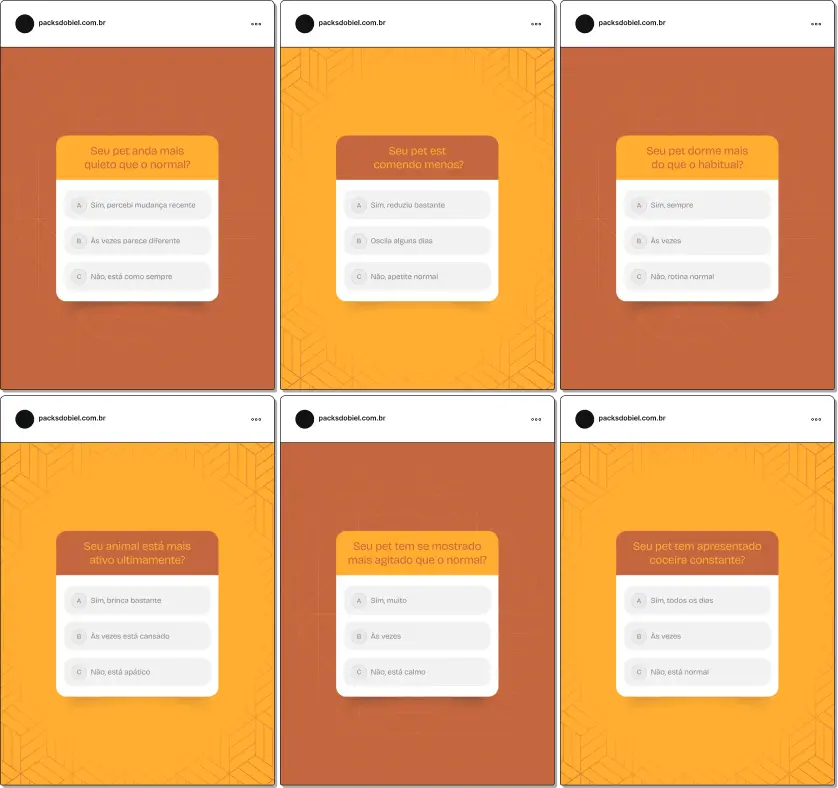 Pack de artes editáveis no Canva com modelo de enquete para clínica veterinária, criado para estimular interação sobre cuidados preventivos, consultas, adoção, higiene, rotina de pets e dúvidas frequentes dos tutores.