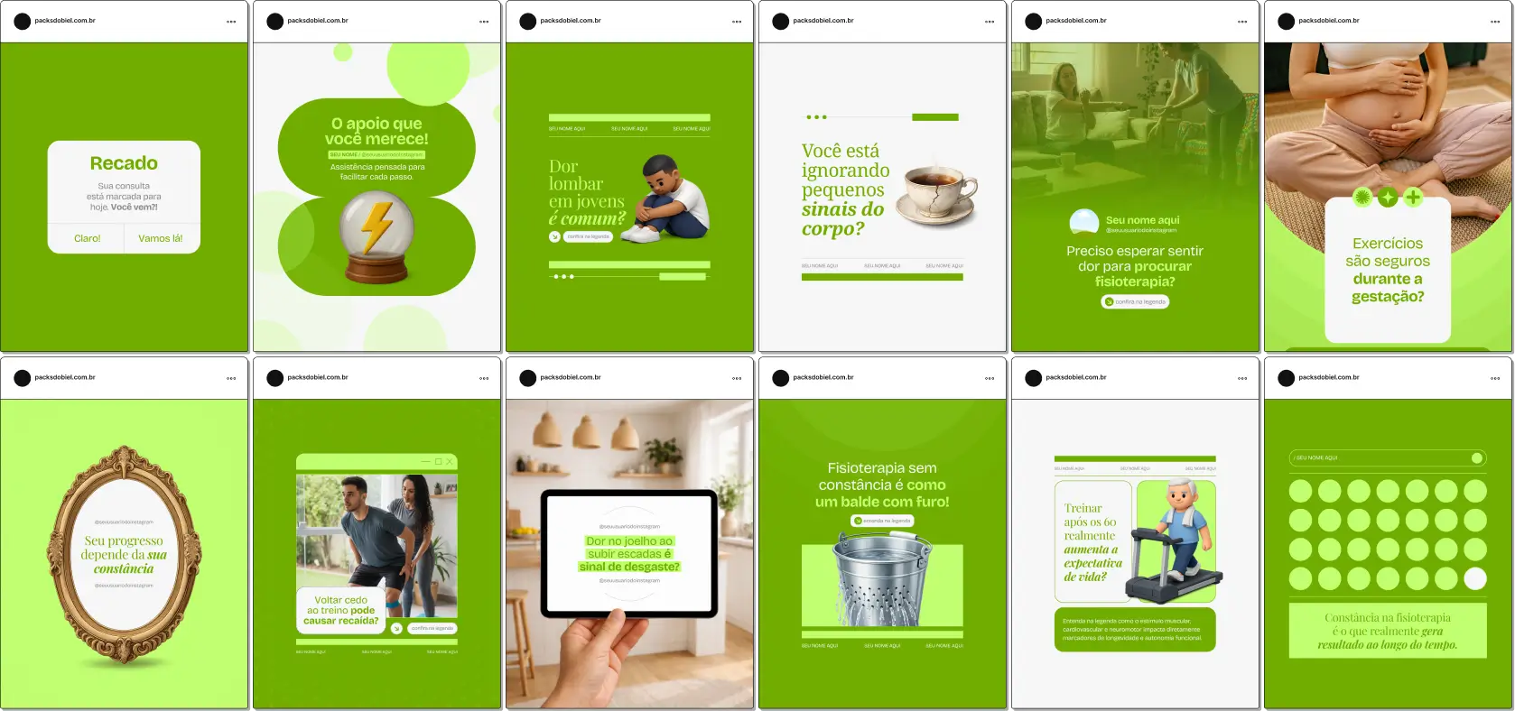 Kit de fisioterapia com posts educativos sobre saúde musculoesquelética e prevenção