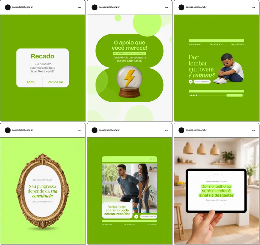Posts editáveis para fisioterapia com templates sobre exercícios e reabilitação no Canva