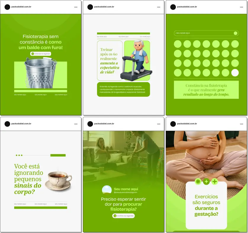 Pack Canva para fisioterapeutas com conteúdos sobre recuperação funcional e mobilidade corporal