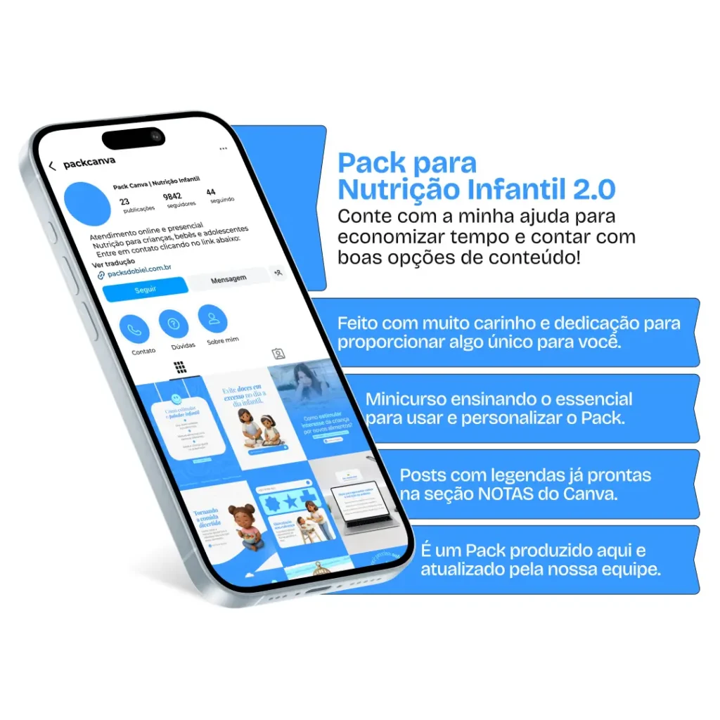 Pack de templates editáveis no Canva para nutricionistas que atendem bebês e crianças, focado em orientação alimentar, prevenção da obesidade infantil, fortalecendo autoridade e engajamento no Instagram.