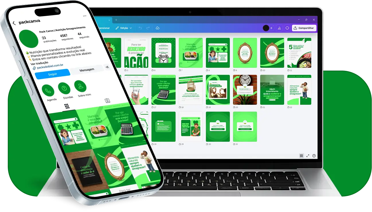 Pack de templates editáveis no Canva para nutricionistas que ajudam pacientes no processo de emagrecimento, com conteúdos sobre constância, disciplina alimentar, educação nutricional e estilo de vida saudável.