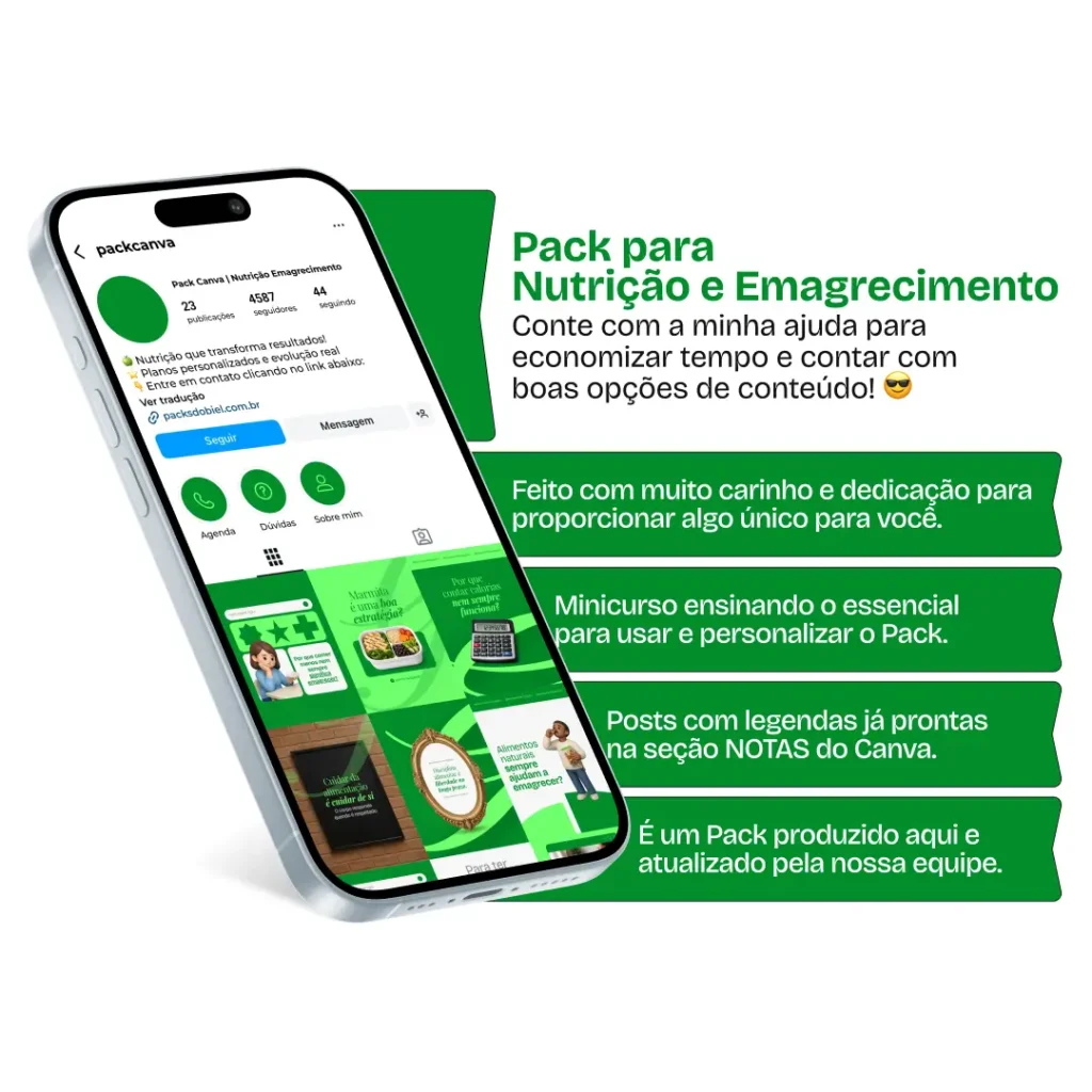 Pack de artes editáveis no Canva para profissionais de nutrição focados em emagrecimento feminino e masculino, com orientações sobre dieta personalizada, saúde intestinal, metabolismo e equilíbrio nutricional.