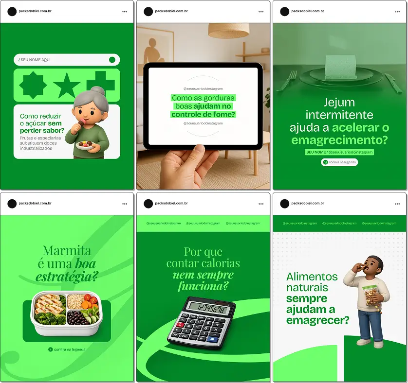 Pack de templates editáveis no Canva para nutricionistas que ajudam pacientes no processo de emagrecimento, com conteúdos sobre constância, disciplina alimentar, educação nutricional e estilo de vida saudável.