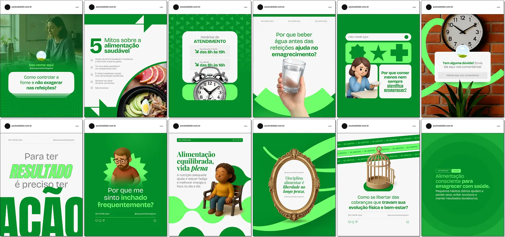 Pack de templates editáveis no Canva para nutrição e emagrecimento, desenvolvido para criar conteúdos sobre rotina alimentar, emagrecimento progressivo, consistência, saúde e prevenção do efeito sanfona.