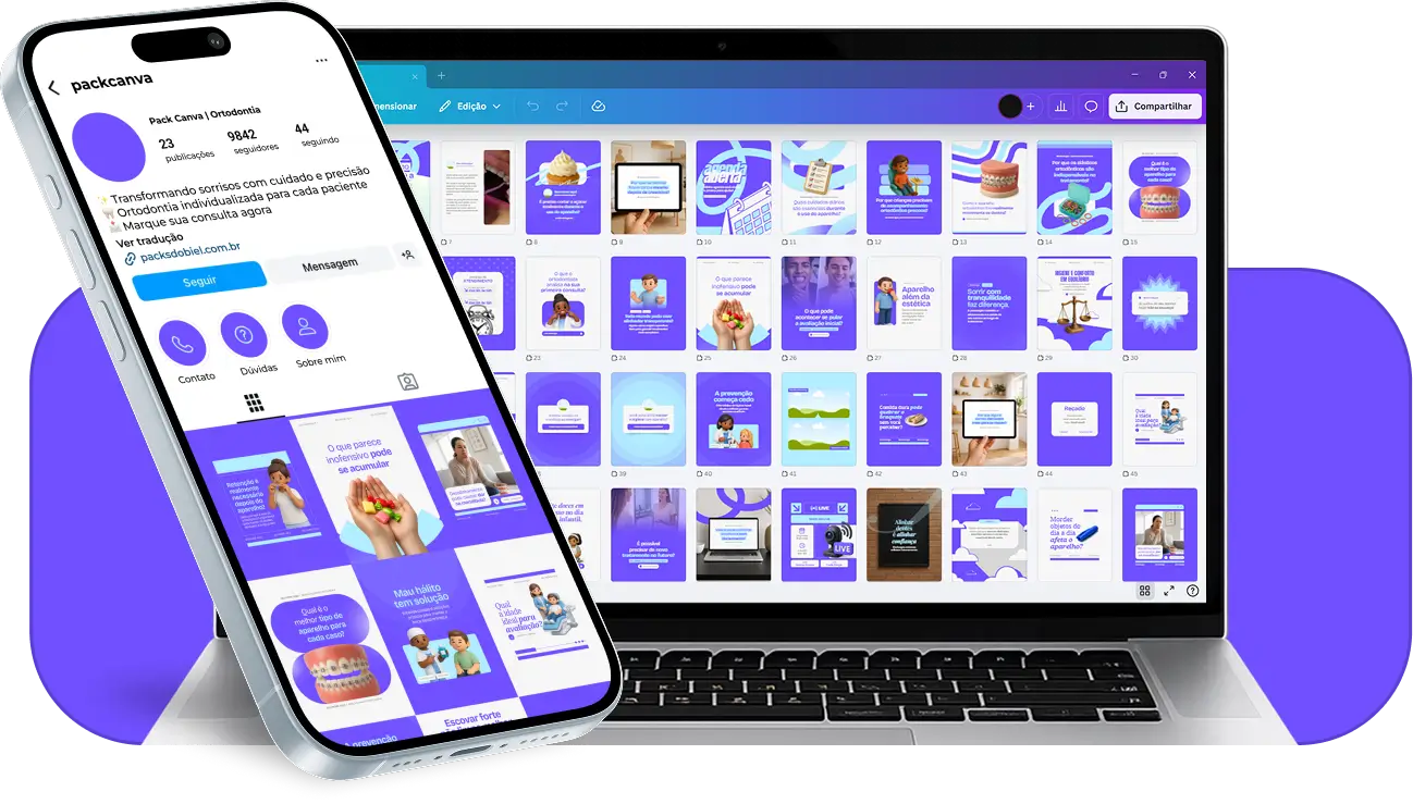 Pack de artes editáveis no Canva para clínicas de ortodontia, ideal para profissionais que produzem conteúdo sobre manutenção de aparelhos, tipos de alinhadores, planejamento do tratamento e acompanhamento ortodôntico, com comunicação clara e confiável.