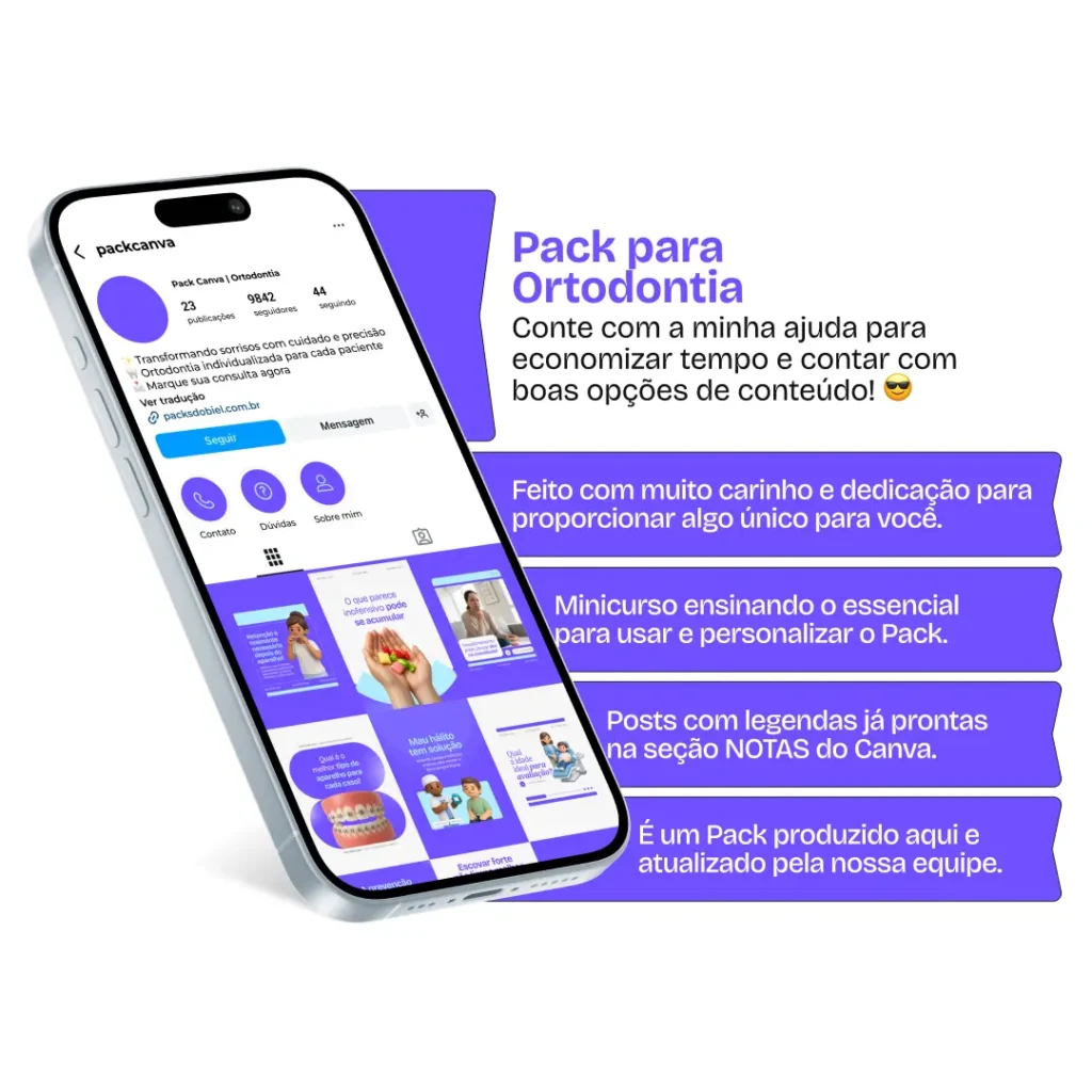 Pack de posts editáveis no Canva para ortodontistas que desejam criar conteúdo sobre aparelhos ortodônticos, alinhamento dental, correção de mordida, estética do sorriso e cuidados com a higiene bucal, mantendo um feed organizado e profissional.