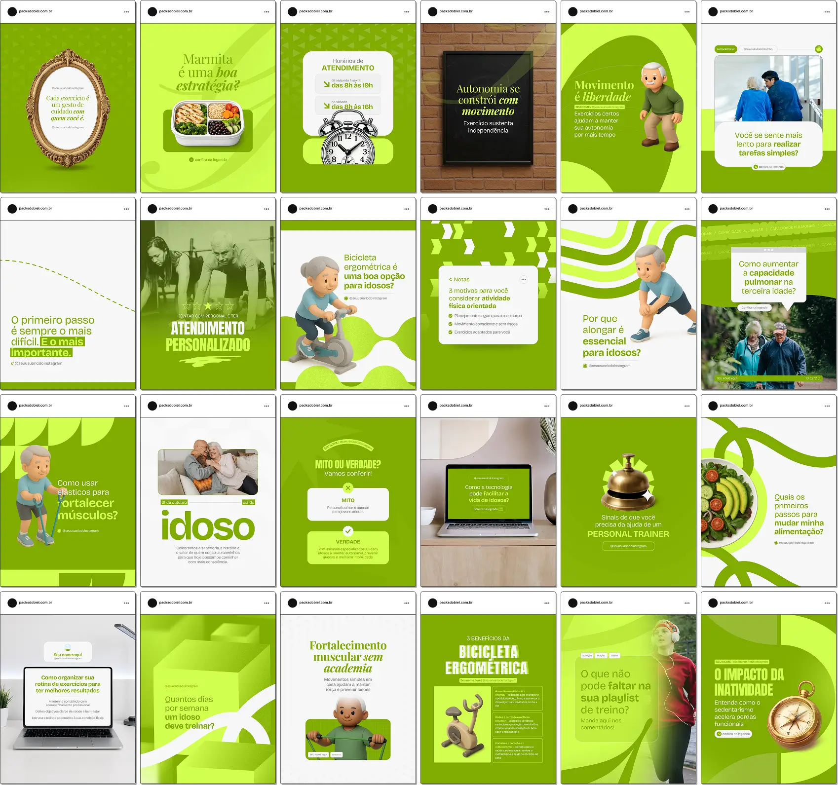 Pack de posts editáveis no Canva para personal trainer que atua com musculação, treino funcional, emagrecimento, hipertrofia, condicionamento físico e saúde, ideal para organizar o feed do Instagram e atrair novos alunos.