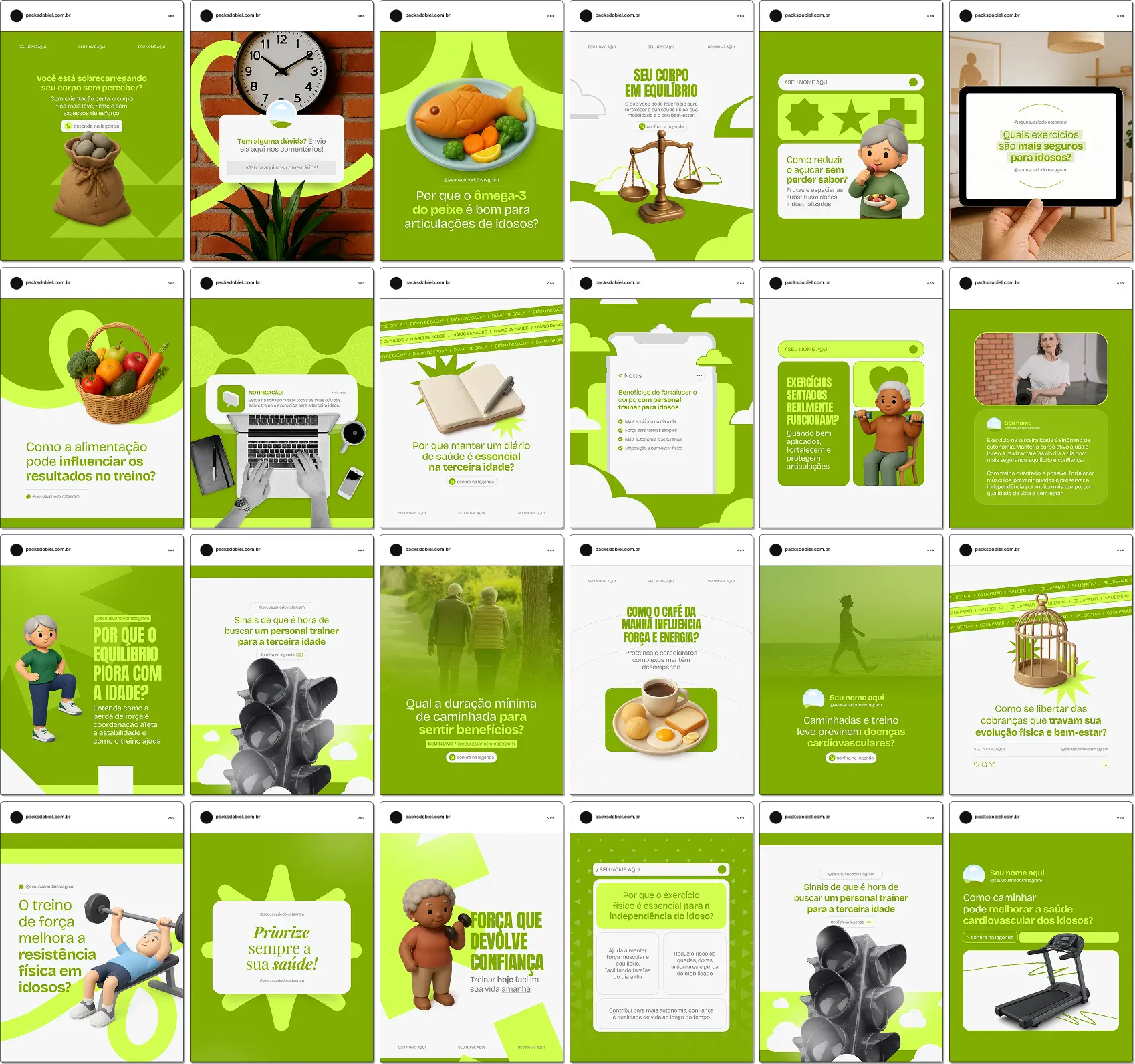 Pack de artes editáveis no Canva voltado para personal trainer de idosos que compartilha orientações sobre exercícios para longevidade, reabilitação física leve, autonomia, bem-estar e saúde funcional, transmitindo confiança, profissionalismo e cuidado especializado nas redes sociais.
