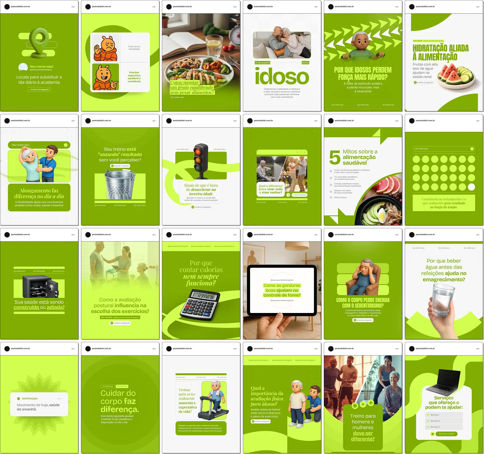 Pack de posts editáveis no Canva para personal trainer especializado em terceira idade, com conteúdos sobre envelhecimento ativo, fortalecimento muscular, mobilidade, equilíbrio, prevenção de quedas e qualidade de vida, ideal para manter um feed profissional e educativo.