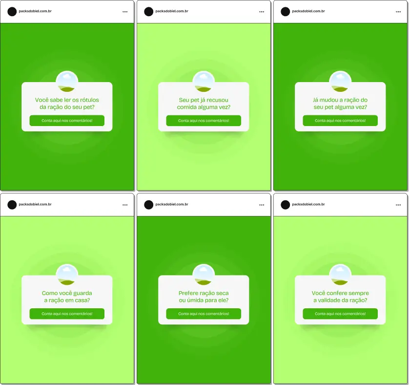 Pack de posts editáveis no Canva no formato caixinha de perguntas para nutricionistas veterinários, ideal para estimular interação sobre alimentação de cães e gatos, tipos de ração, suplementação, dietas especiais e cuidados nutricionais.