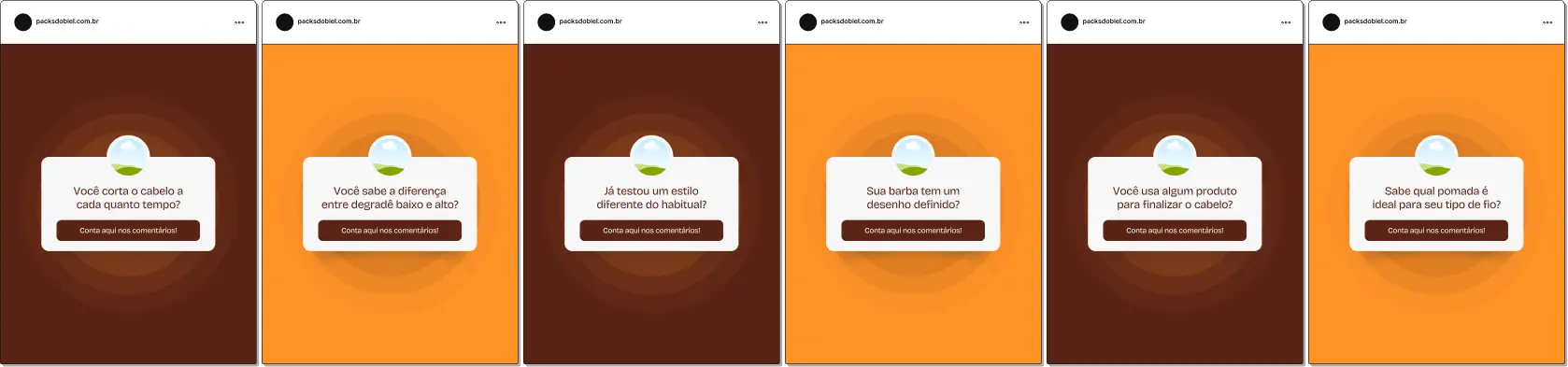 Pack de artes editáveis no Canva com modelo de caixinha de perguntas para barbearia, criado para estimular interação sobre tendências de corte, formato de rosto, produtos para barba, frequência de manutenção e dúvidas comuns dos clientes.