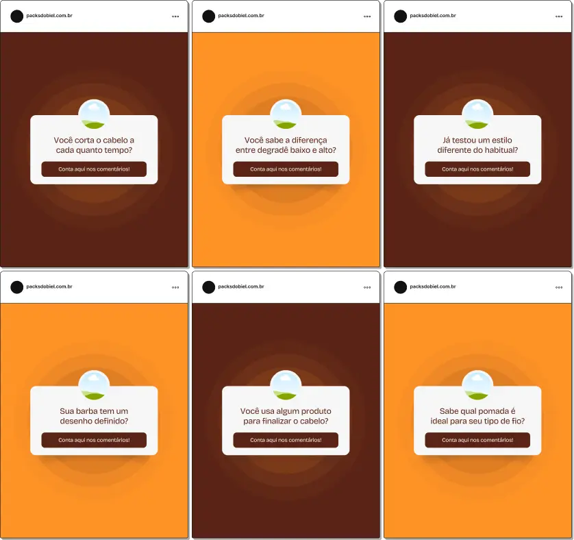 Pack de posts editáveis no Canva no formato caixinha de perguntas para barbeiro, ideal para gerar engajamento no Instagram com perguntas sobre corte masculino, degradê, barba, estilo, cuidados com cabelo e preferências dos clientes.