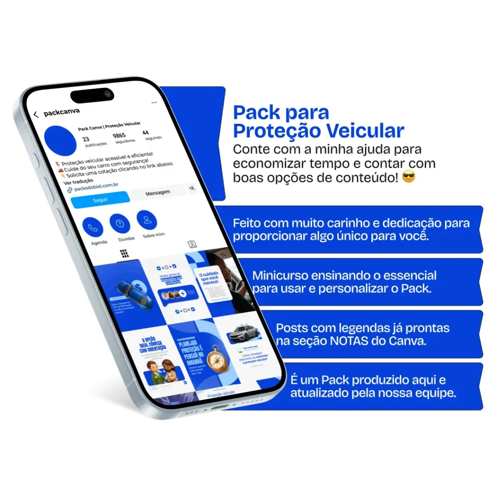 Pack de artes editáveis no Canva voltado para negócios de proteção veicular que compartilham informações sobre cobertura veicular, indenização, serviços de apoio ao motorista, prevenção de riscos e segurança patrimonial, fortalecendo autoridade e confiança digital.