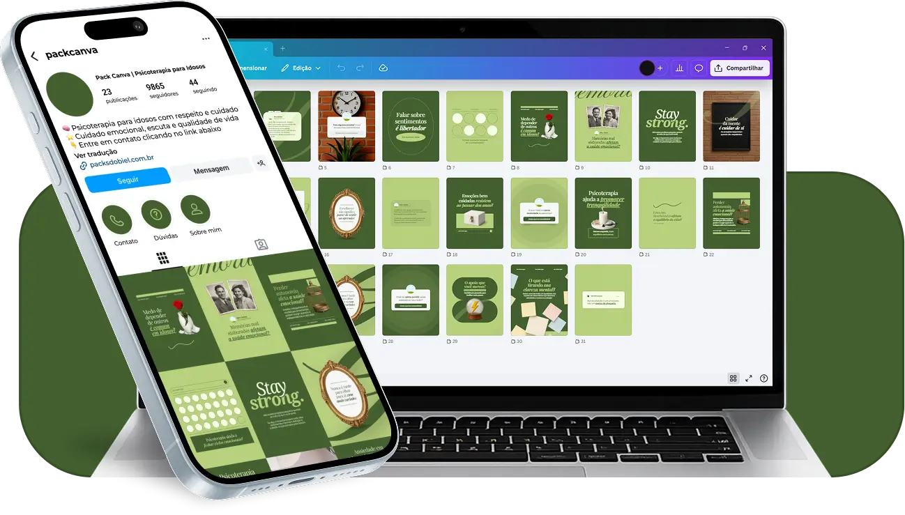 Pack de templates editáveis no Canva para profissionais que atendem a terceira idade, com conteúdos sobre memória emocional, saúde mental do idoso, acolhimento terapêutico e bem-estar psicológico.