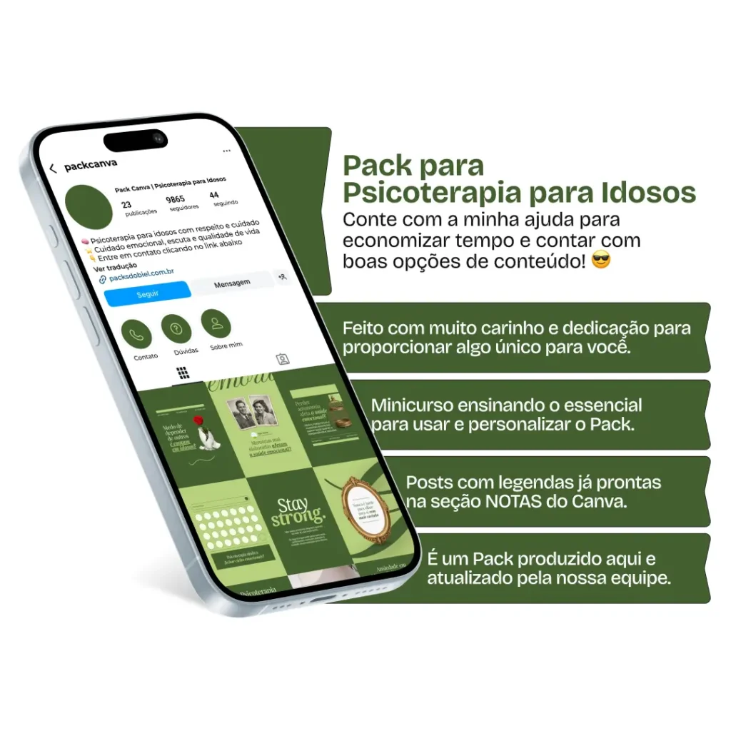 Pack de posts editáveis no Canva para psicólogos que atuam com psicoterapia para idosos, focado em autonomia emocional, enfrentamento de mudanças, envelhecimento saudável e equilíbrio psicológico.