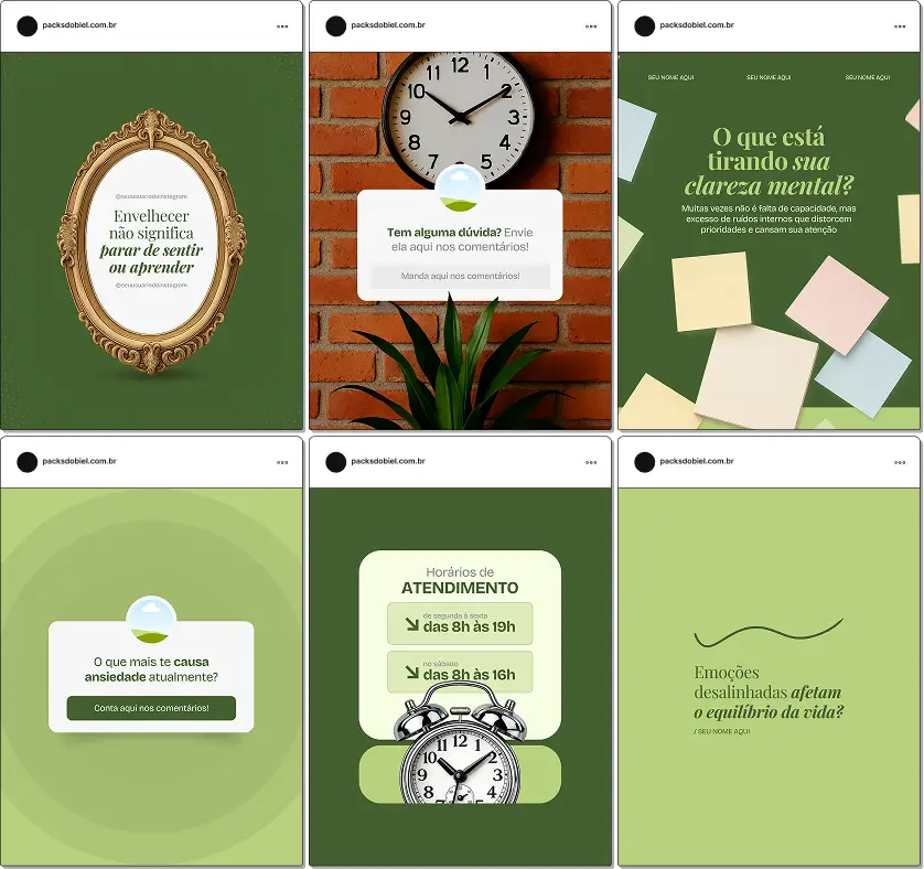 Pack de artes editáveis no Canva para psicoterapeutas especializados em idosos, com foco em cuidado emocional, escuta ativa, prevenção do isolamento social e qualidade de vida na maturidade.