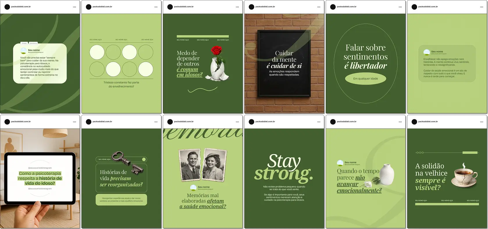 Pack de templates editáveis no Canva para psicólogos que produzem conteúdo educativo sobre psicoterapia na terceira idade, apoio emocional, adaptação às mudanças da vida e bem-estar mental.
