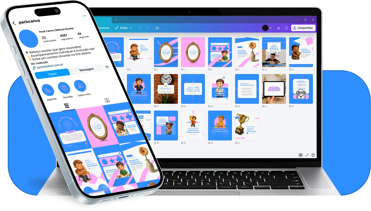 Pack de artes editáveis no Canva para educadores que oferecem reforço escolar, focado em estratégias de estudo, acompanhamento individualizado, reforço de habilidades cognitivas, resolução de problemas e motivação do aluno.
