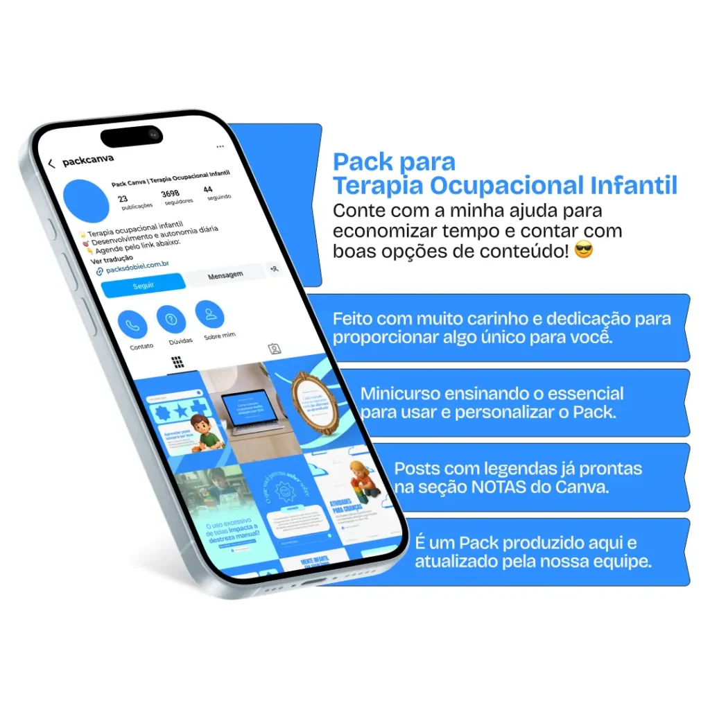 Pack de posts editáveis no Canva para profissionais que atendem crianças em terapia ocupacional, focado em atividades recreativas, desenvolvimento cognitivo, fortalecimento de habilidades motoras e estimulação adequada à idade.