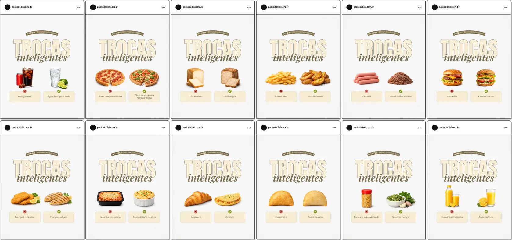 Pack de templates editáveis no Canva sobre substituições inteligentes na alimentação, desenvolvido para criar conteúdo sobre emagrecimento saudável, controle glicêmico, aumento de fibras, proteínas e nutrientes, mantendo um feed organizado e educativo no Instagram.