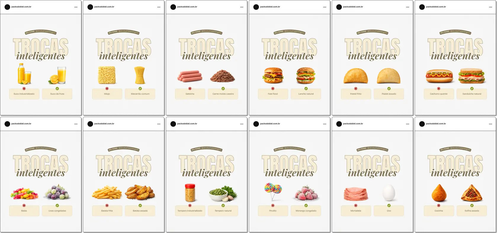 Pack de templates editáveis no Canva sobre trocas inteligentes na dieta infantil, desenvolvido para criar conteúdo sobre escolhas conscientes, variedade nutricional, controle de porções, reforço de hábitos saudáveis e desenvolvimento equilibrado das crianças.
