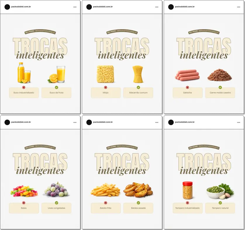 Pack de posts editáveis no Canva sobre substituições saudáveis na alimentação infantil, ideal para nutricionistas que querem ensinar alternativas mais nutritivas para lanches, refeições principais e sobremesas, incentivando hábitos alimentares conscientes desde cedo.