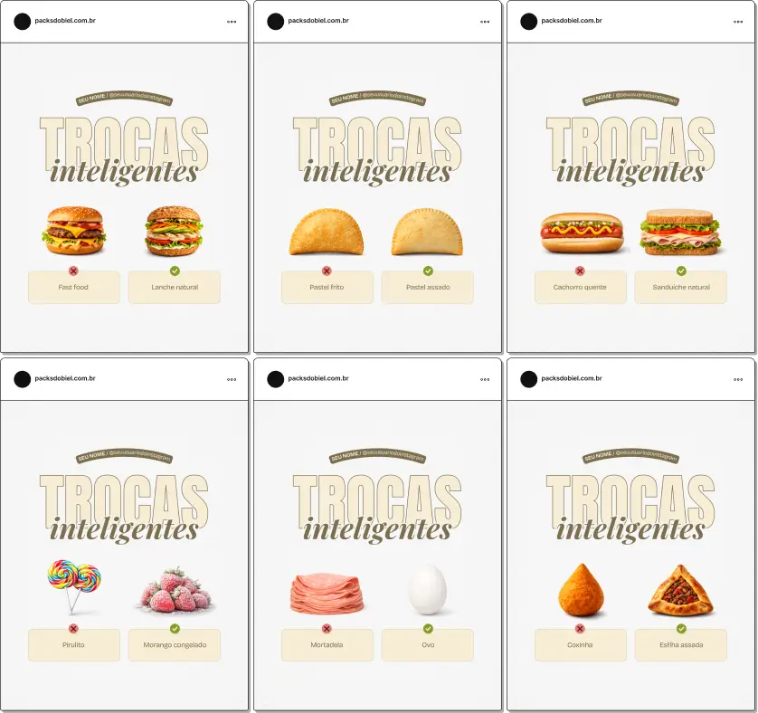 Pack de artes editáveis no Canva com foco em alimentação infantil saudável, perfeito para profissionais que ensinam como substituir ultraprocessados por frutas, legumes, cereais e lanches nutritivos, fortalecendo educação alimentar e rotina saudável.