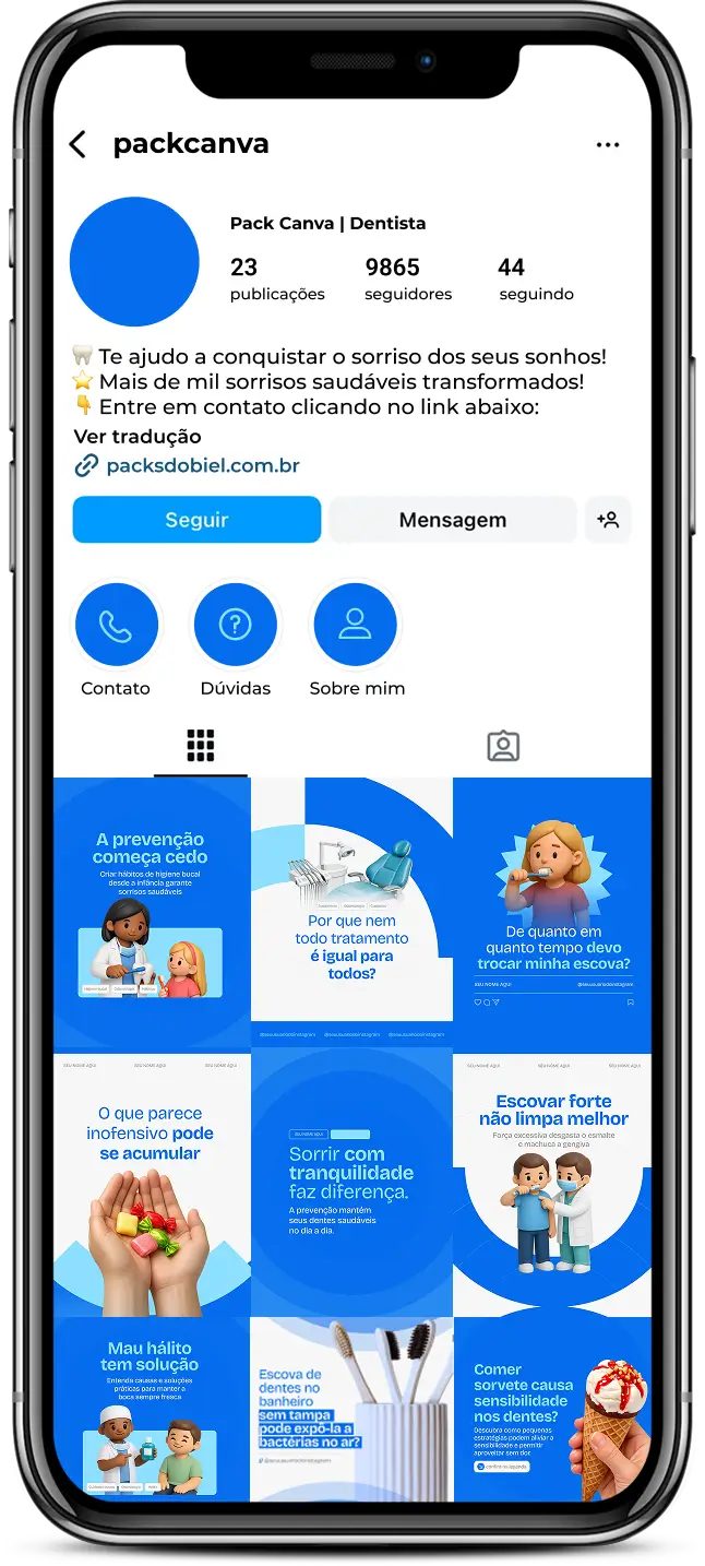 Pack de templates editáveis no Canva para clínicas odontológicas e dentistas que desejam criar conteúdos educativos sobre cuidados com os dentes, ortodontia, clareamento dental, higiene bucal e bem-estar oral, fortalecendo autoridade e organização visual nas redes sociais.