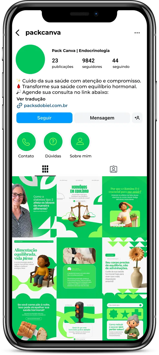 Pack de templates editáveis no Canva para profissionais de endocrinologia que compartilham informações sobre síndrome metabólica, alterações hormonais, tratamento clínico e qualidade de vida, fortalecendo autoridade e engajamento nas redes sociais.