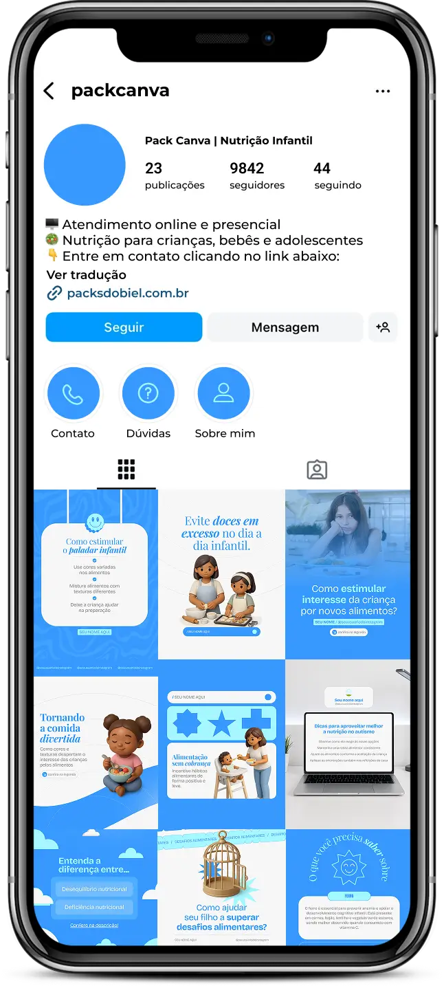 Pack de posts editáveis no Canva para nutricionistas infantis que desejam criar conteúdo sobre alimentação saudável para crianças, introdução alimentar, seletividade alimentar, crescimento e desenvolvimento, mantendo um feed organizado e profissional.