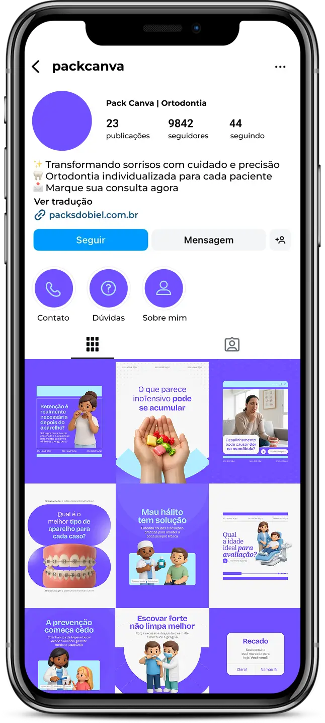 Pack de posts editáveis no Canva para profissionais de ortodontia que atendem adolescentes e adultos, voltado para explicar higiene, cuidados diários com aparelho fixo ou móvel, correção de mordida e planejamento de sorriso saudável.