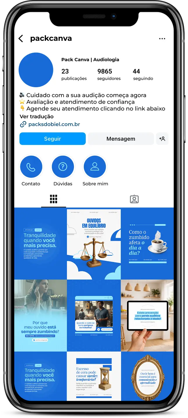 Pack de posts editáveis no Canva para profissionais que atendem pacientes com zumbido, tontura relacionada ao ouvido e alterações auditivas, com foco em orientação e esclarecimento.